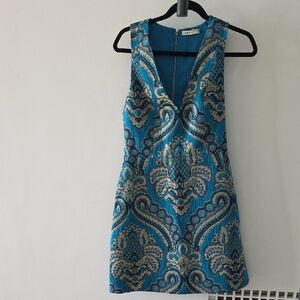 Alice + Olivia Blue and Gold Patterned Mini Dress